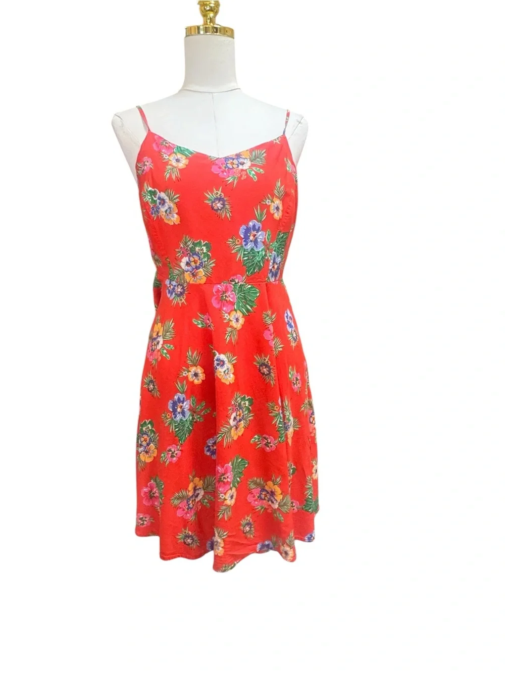 Old Navy Red Tropical Floral Fit & Flare Mini Dress Strappy Lined Size Large - Picture 7 of 9